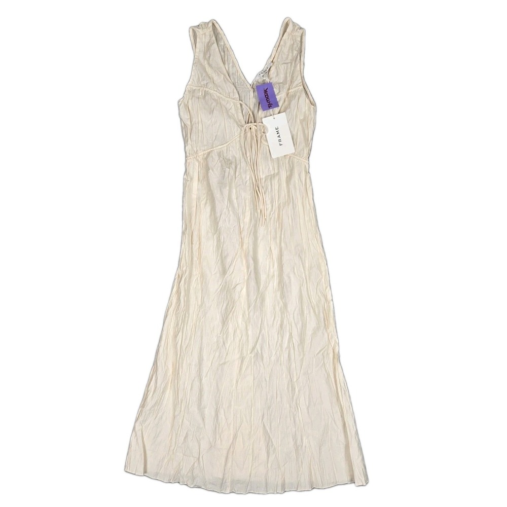 FRAME Cinched Waist Crinkle Midi Dress Women XS V-neck Off White Drapey Boho NWT